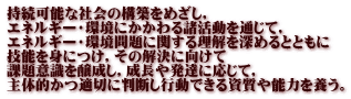 持続可能な社会の構築をめざし， エネルギー・環境にかかわる諸活動を通じて， エネルギー・環境問題に関する理解を深めるとともに 技能を身につけ，その解決に向けて 課題意識を醸成し，成長や発達に応じて， 主体的かつ適切に判断し行動できる資質や能力を養う。