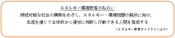 角丸四角形: エネルギー環境教育のねらい
持続可能な社会の構築をめざし、エネルギー・環境問題の解決に向け、
生涯を通じて主体的かつ適切に判断し行動できる人間を育成する
（エネルギー教育ガイドラインより）

