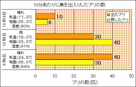 10分あたりに巣を出入りしたアリの数(クロヤマアリ)